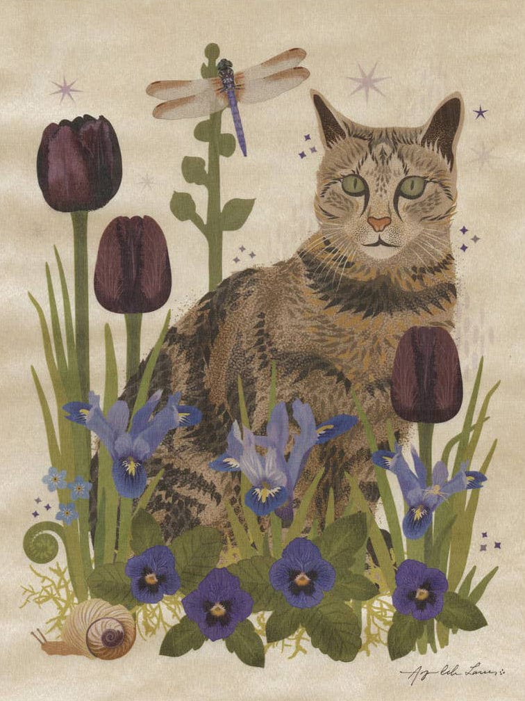 Little Gold Fox Designs Wood Art Print Tabby Cat & Dragonfly Small Wood Print, 11" x 8.5"