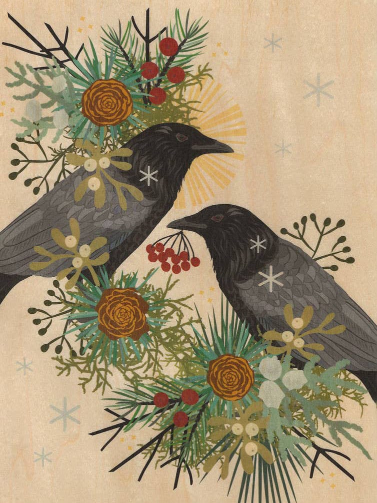 “Winter Crows” Small Wood Print (11 x 8.5) by Little Gold Fox Designs features two black crows among pine, flowers, and berries on wood veneer, with one crow holding red berries. Subtle stars accent the lush greenery background.