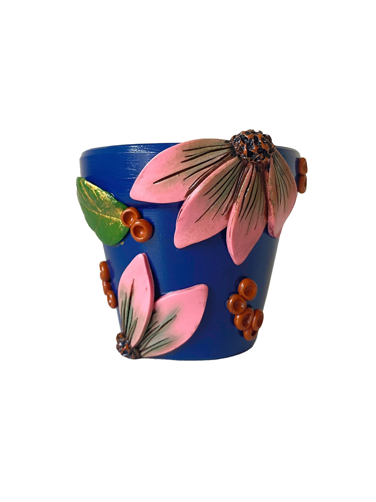 Making Olás Pottery 2.5" Blue and Pink Flower Motif Plant Pot