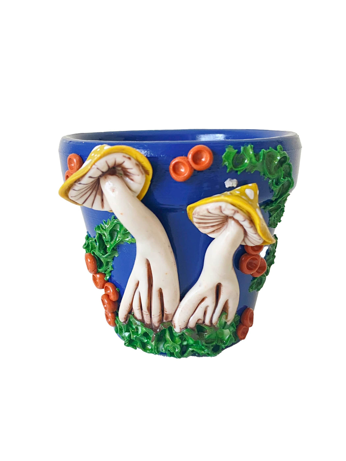 Making Olás Pottery 2.5" Blue and Yellow Mushroom Motif Plant Pot