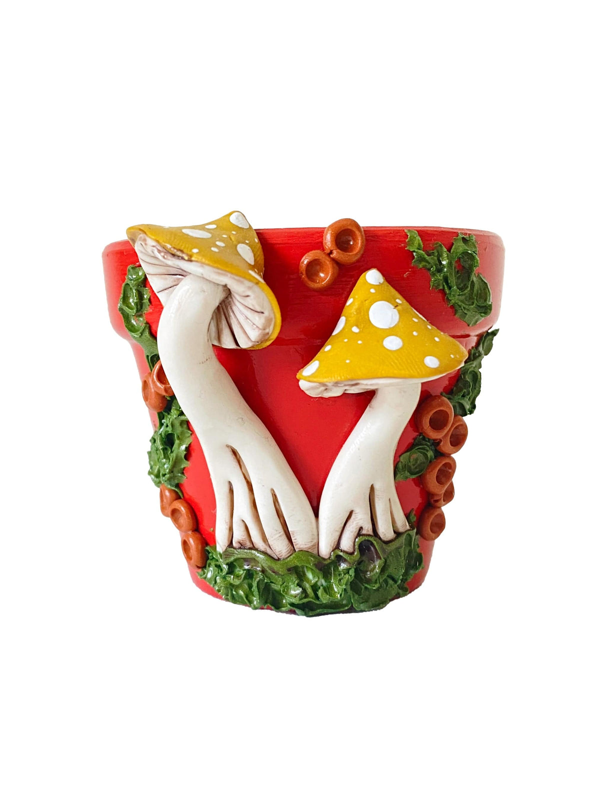 Making Olás Pottery 2.5" Red and Yellow Mushroom Motif Plant Pot