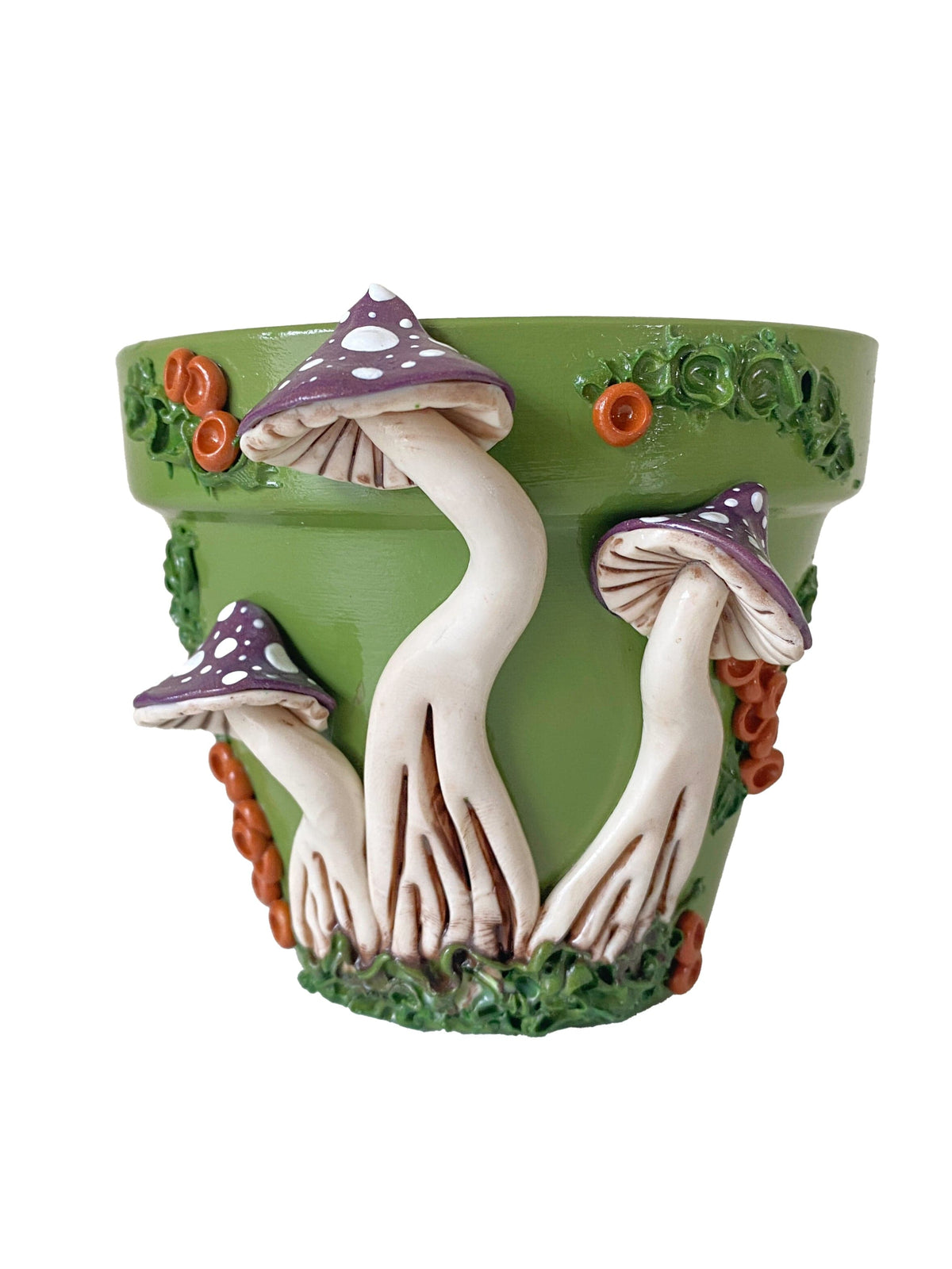Making Olás Pottery 4" Green and Brown Mushroom Motif Plant Pot