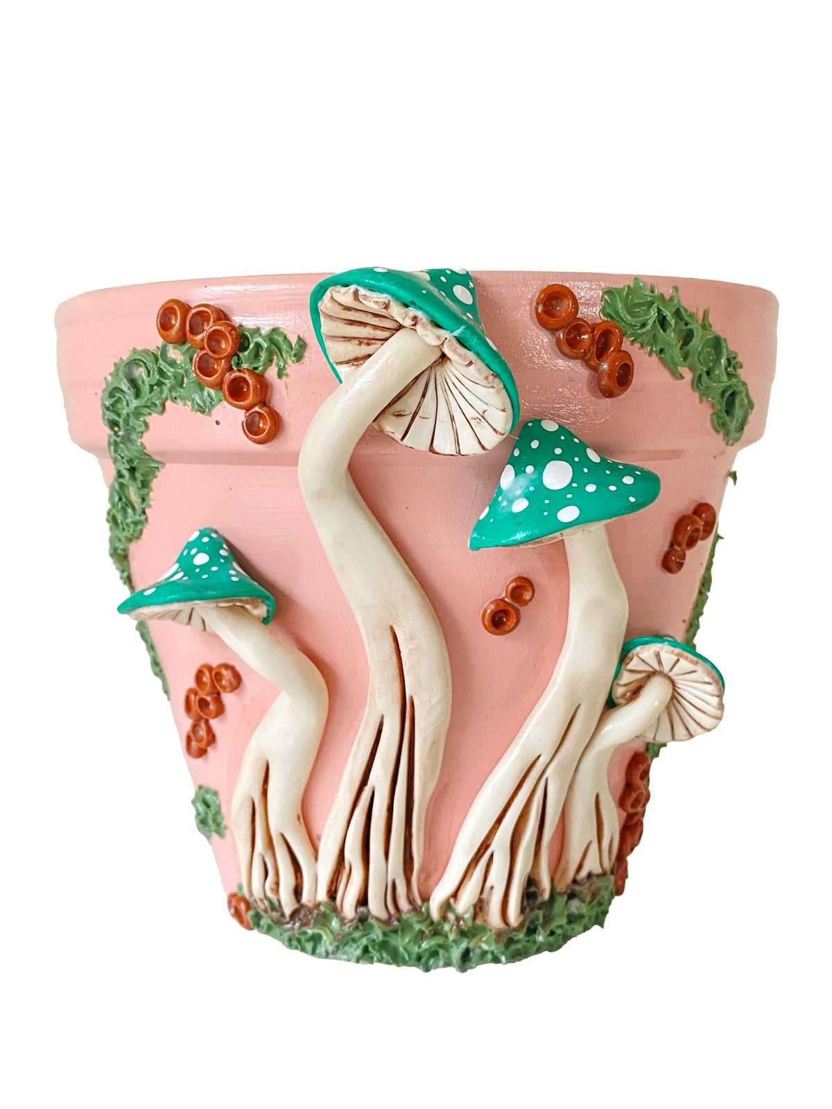 Making Olás Pottery 6" Pink and Teal Mushroom Motif Plant Pot