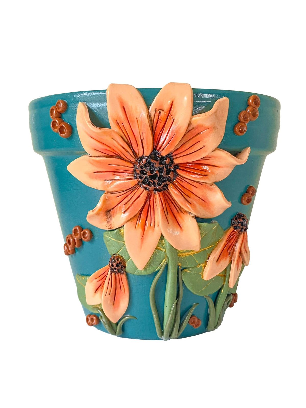 Making Olás Pottery 6" Teal and Peach Flower Motif Plant Pot