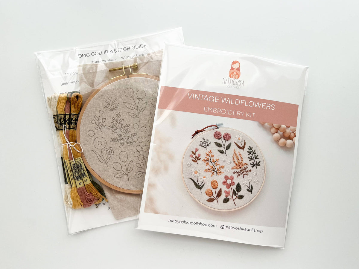 Matryoshka Doll Shop Floral Embroidery DIY Kit, modern embroidery craft kit