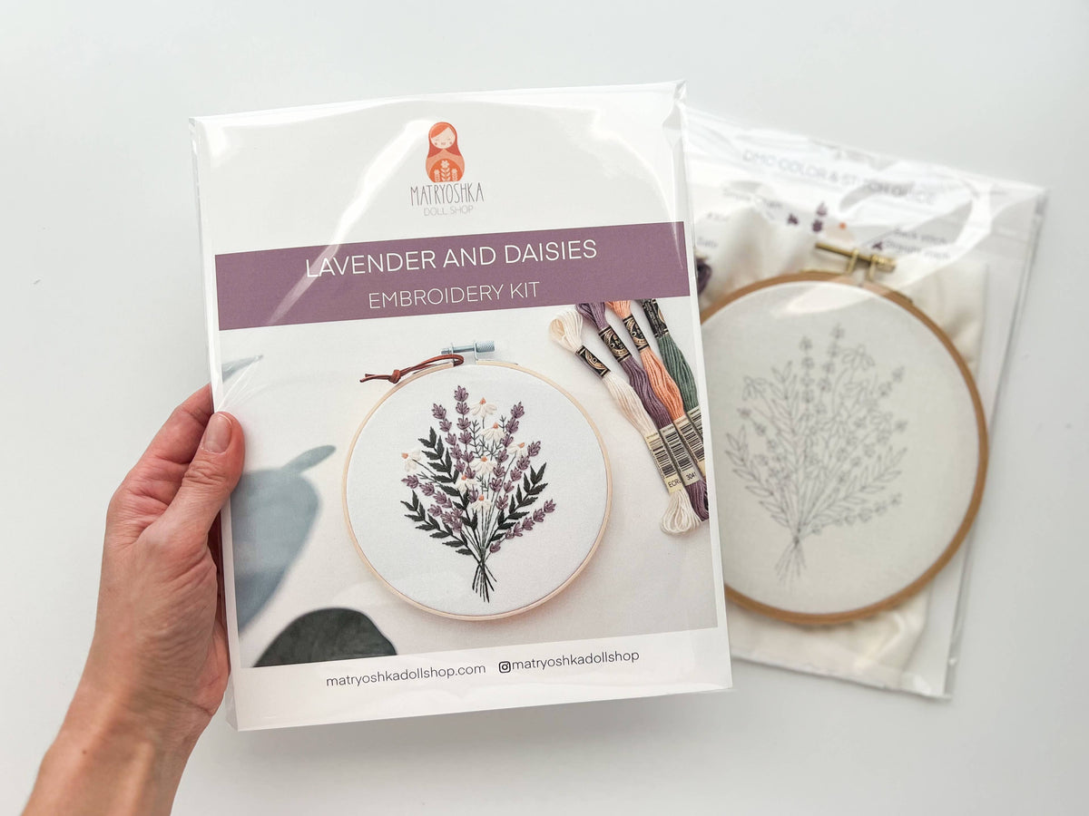 Matryoshka Doll Shop Lavender and daisies embroidery kit, floral embroidery Kit