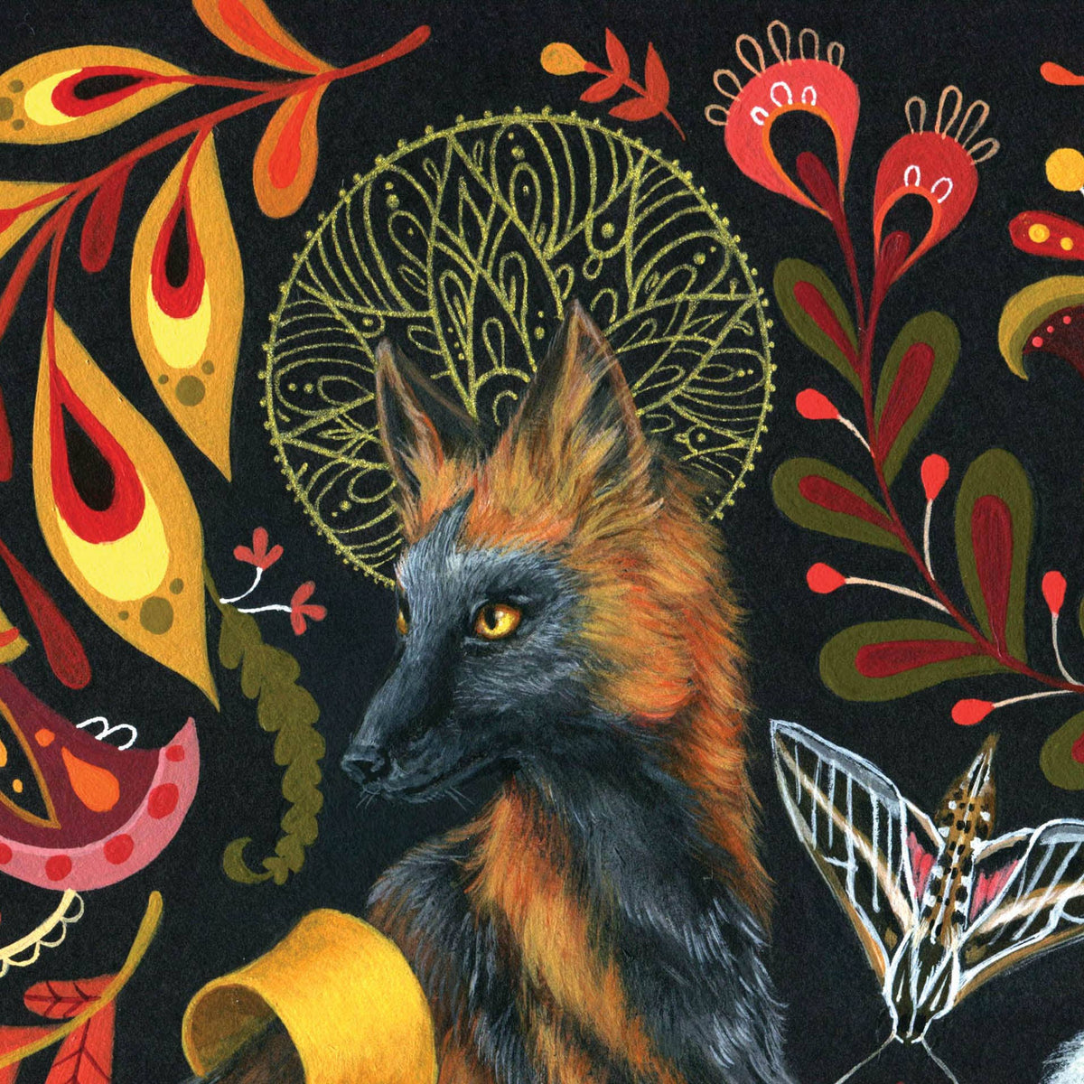 The Folie a Deux Folk Art Print by Mheld Illustration (14 x 11) features a regal, stylized fox with reddish fur and golden halo, set against a dark backdrop with vivid folk-inspired leaves and floral patterns.