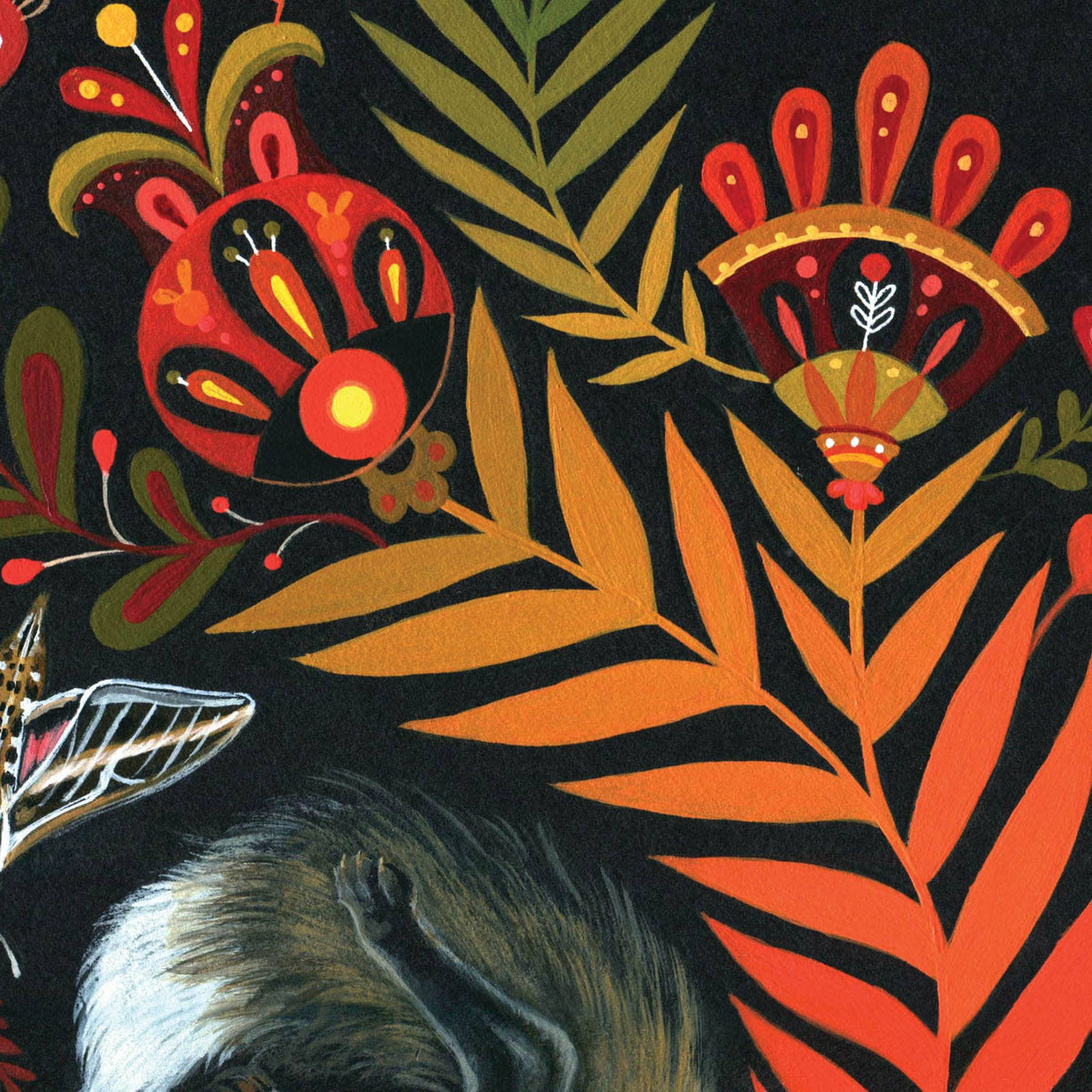 The Folie a Deux Folk Art Print by Mheld Illustration (14 x 11) features a dark background with vibrant orange, red, and green botanical leaves, ornate folk art motifs, and a melanistic red fox’s paw in unique digital detail.