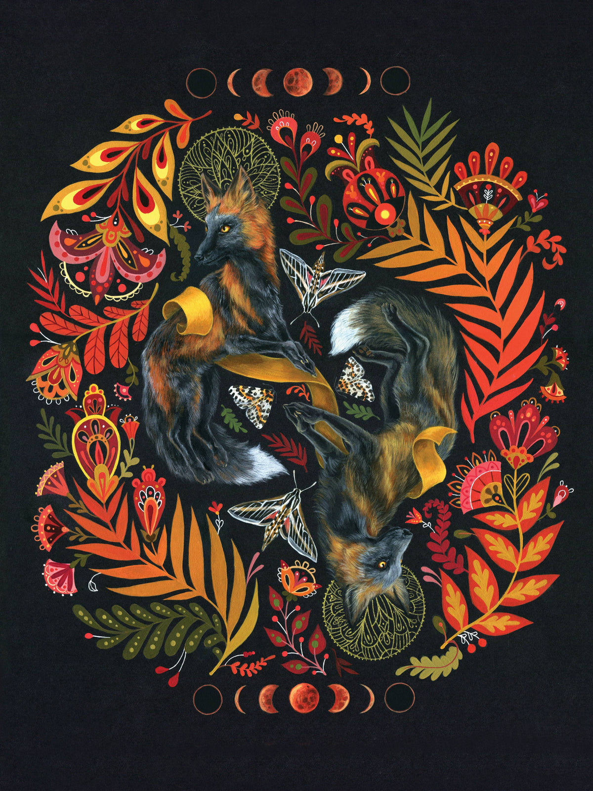 Folie a Deux Folk Art Print by Mheld Illustration (14 x 11) features two melanistic red foxes amid vibrant autumn foliage, moths, and ornate motifs on black with moon phases above—a striking digital illustration.
