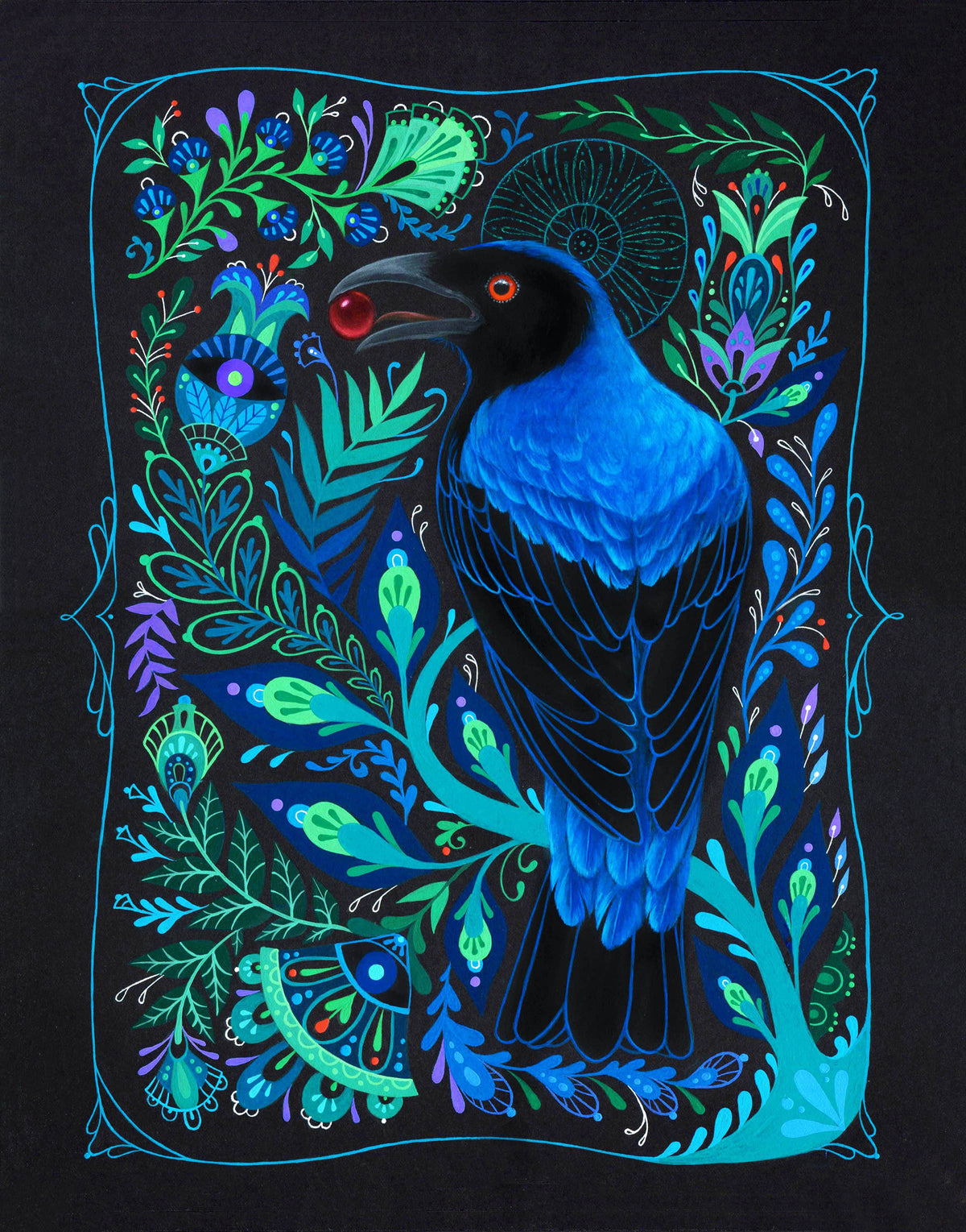 The Vessel Folk Art Print (14 x 11) by Mheld Illustration features a blue and black Fairy Bluebird holding a red berry amid colorful, intricate foliage and folk art motifs on a dark background.