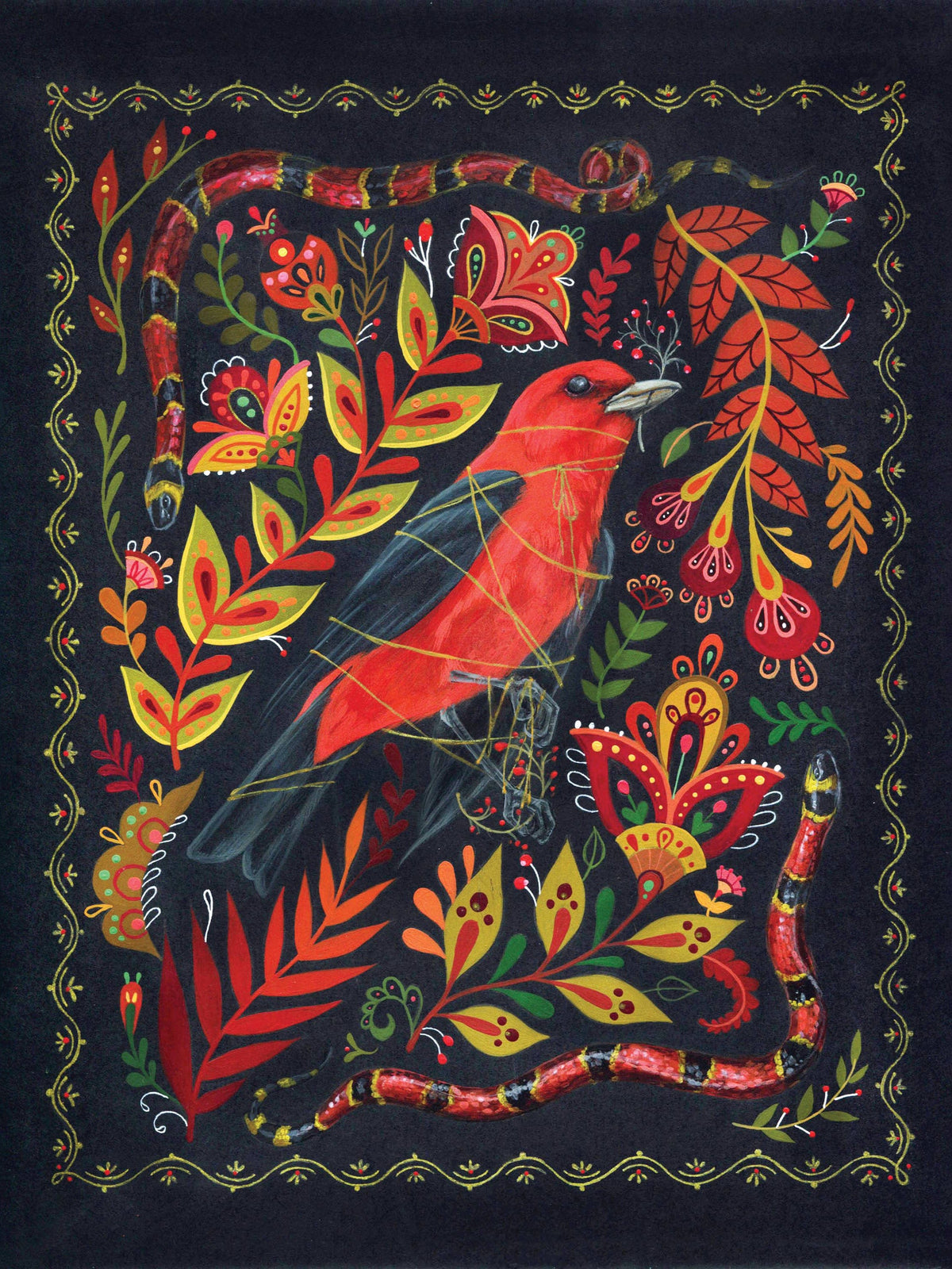 The Token Folk Art Print by Mheld Illustration (10 x 8) features a vivid digital scarlet tanager amid colorful folk-style flowers and leaves on a dark background, bordered by two patterned red and yellow snakes.