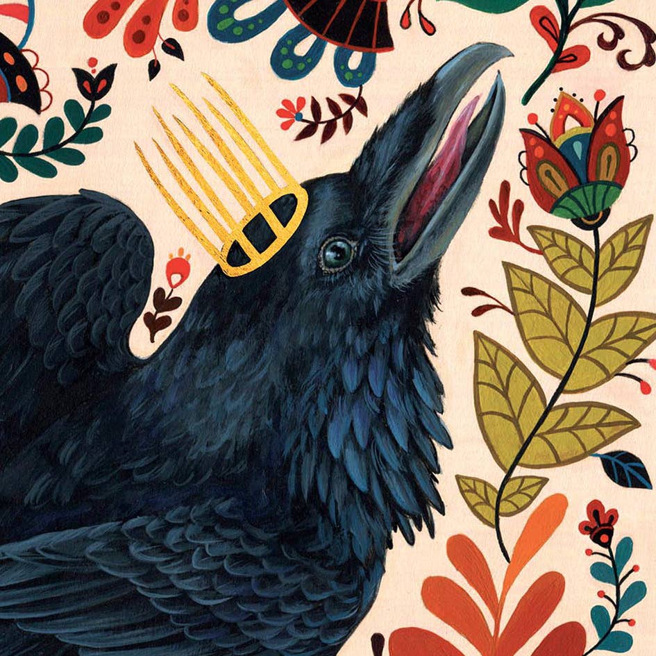 The Rude Bones Folk Art Print (14 x 11) by Mheld Illustration features a crowned raven with an open beak, surrounded by vibrant flowers and leaves on a light background in striking folk art style.