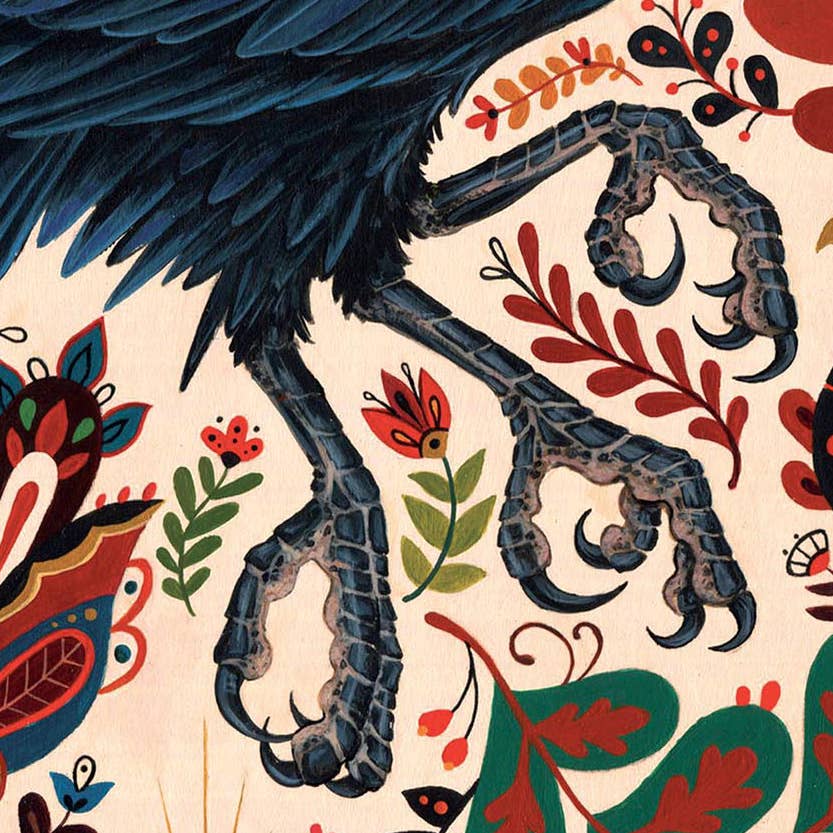 The Rude Bones Folk Art Print (14 x 11) by Mheld Illustration features a mythical ravens talons amid colorful folk motifs—leaves, flowers, and patterns—on a light background. A vibrant digital print for unique decor.