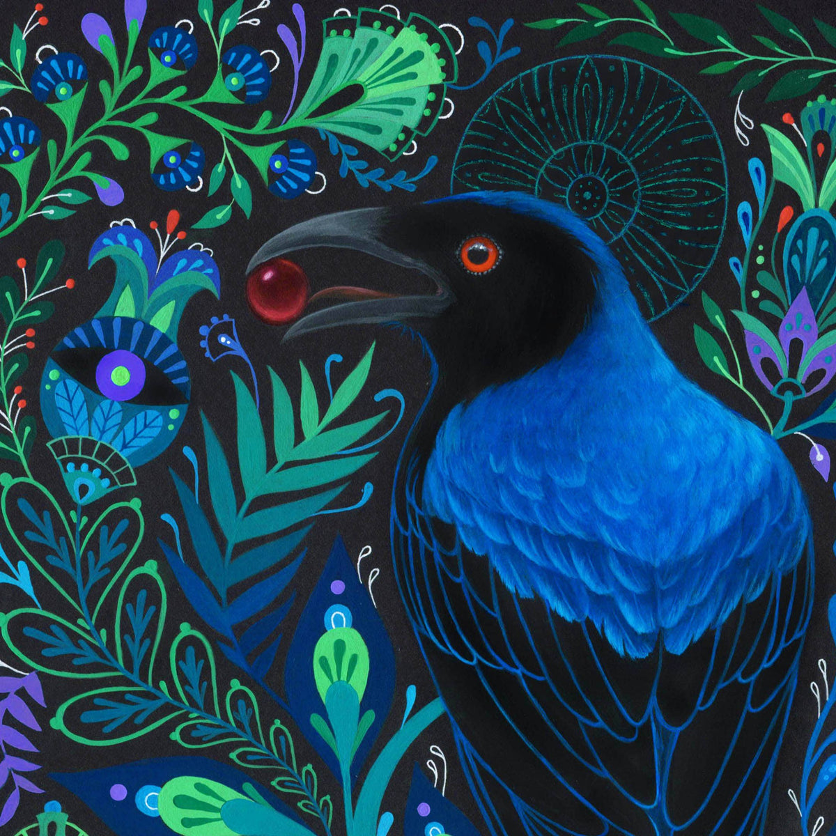 The Vessel Folk Art Print by Mheld Illustration (14 x 11) features a vibrant Fairy Bluebird with a red berry, set amid intricate, colorful folk motifs on a dark background—archival pigment print.