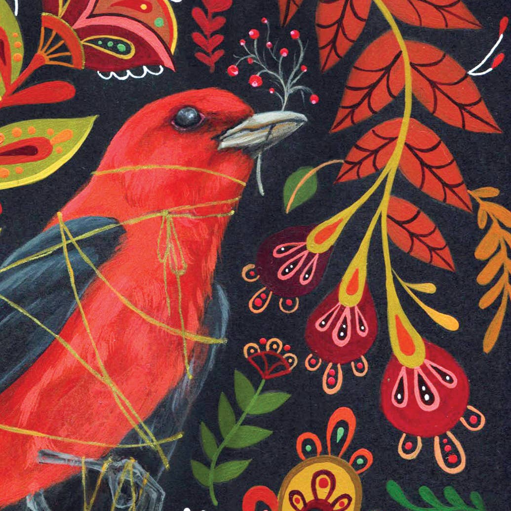 The Token Folk Art Print (10 x 8) by Mheld Illustration features a digital Scarlet tanager with black wings, yellow accents, and a twig, set among vibrant folk art leaves and motifs on a dark background.