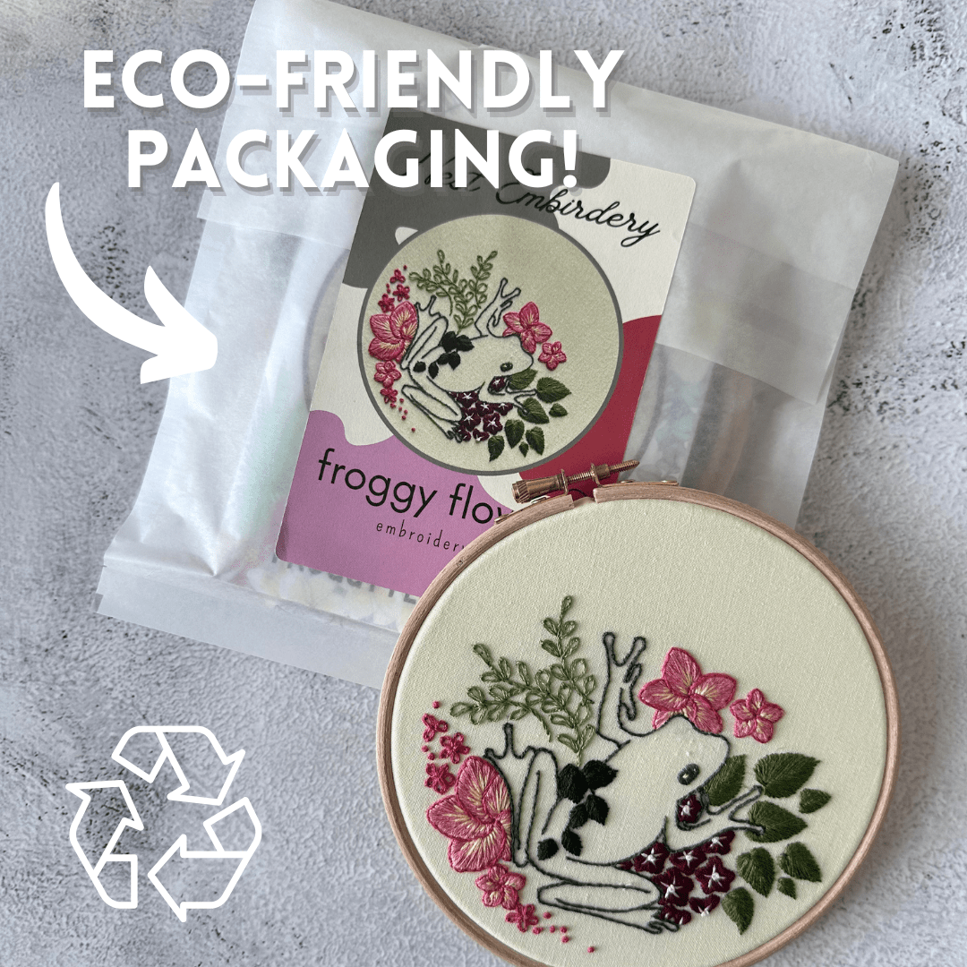 Nest Embirdery’s 6 Beginner Froggy Flowers Embroidery Kit features a tree frog among pink flowers in eco-friendly packaging. A completed hoop is shown, perfect for advanced beginners. Text: ECO-FRIENDLY PACKAGING! with recycling symbol.