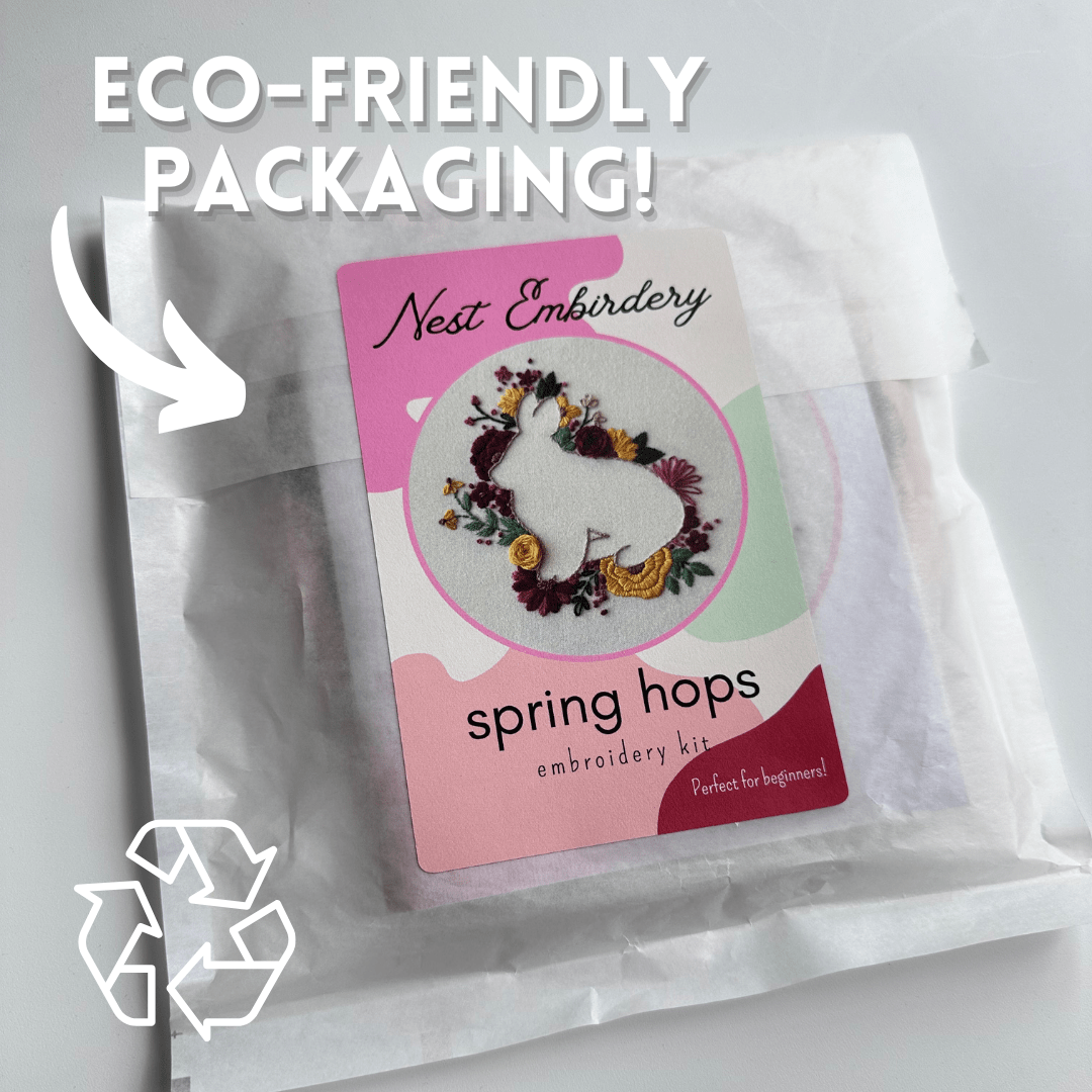 Nest Embirdery’s 6 Beginner Spring Hops Embroidery Kit, featuring a white bunny design, comes wrapped in white tissue paper. Text says ECO-FRIENDLY PACKAGING! with a recycling symbol and an arrow indicating the packaging.
