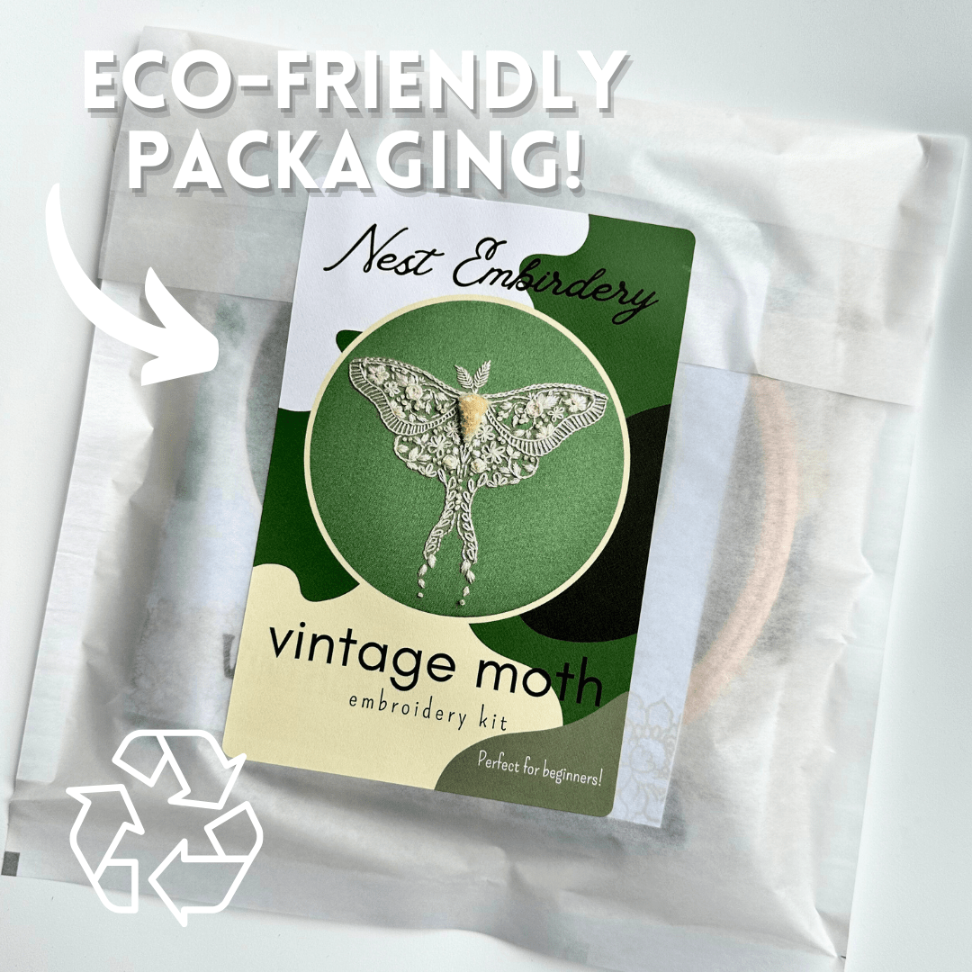 The Nest Embirdery *Late May pre-order* 6 Beginner Vintage Moth Embroidery Kit comes in translucent, eco-friendly packaging with a labeled arrow and recycle symbol. Ideal for fans of antique lace patterns. ECO-FRIENDLY PACKAGING!.