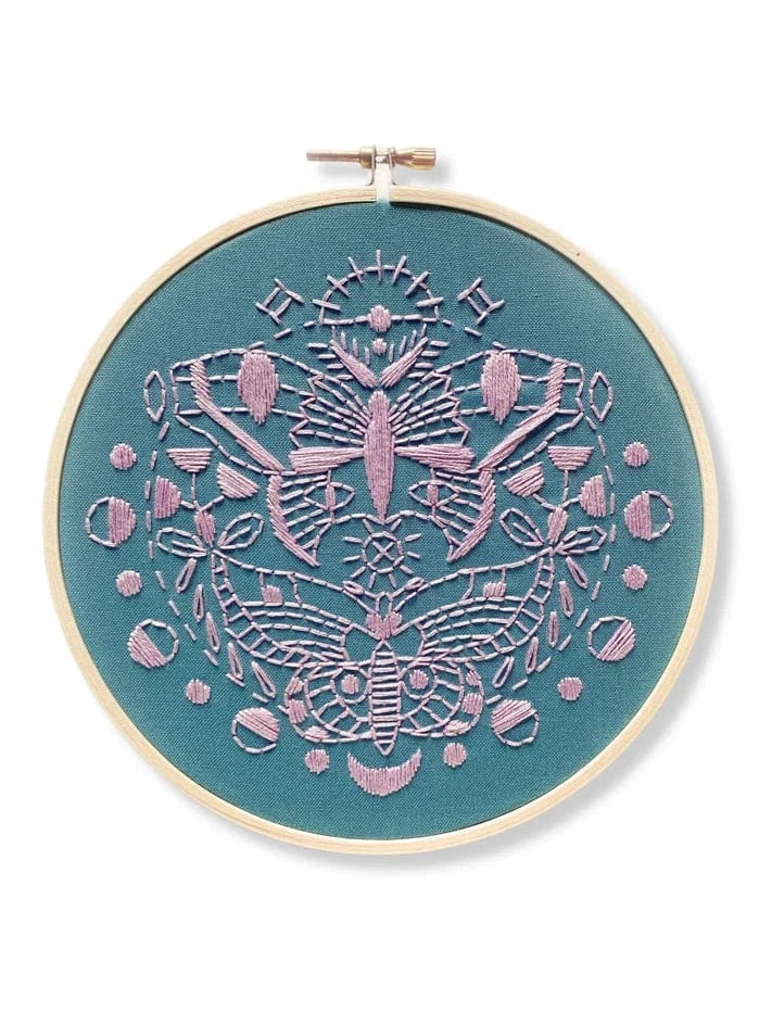 Rikrack Embroidery Kit *Mid May Pre-Order* 6" Beginner Gemini Moths Embroidery Kit