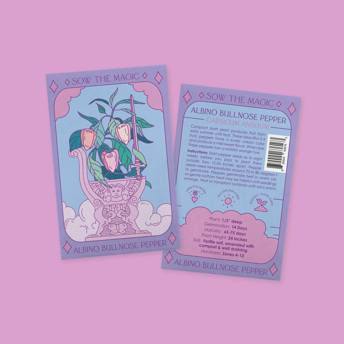 Two pastel-colored Sow the Magic Albino Bullnose Pepper Tarot Garden Seed Packets rest on a pink background. The front displays a Tarot card-style illustration; the back features planting instructions and Non-GMO seed info.