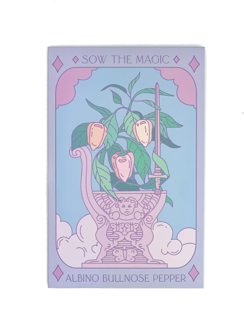 The Sow the Magic Albino Bullnose Pepper Tarot Garden Seed Packet features a pastel illustration of three pale Capsicum annuum peppers in an ornate winged vessel, evoking a Tarot card design.