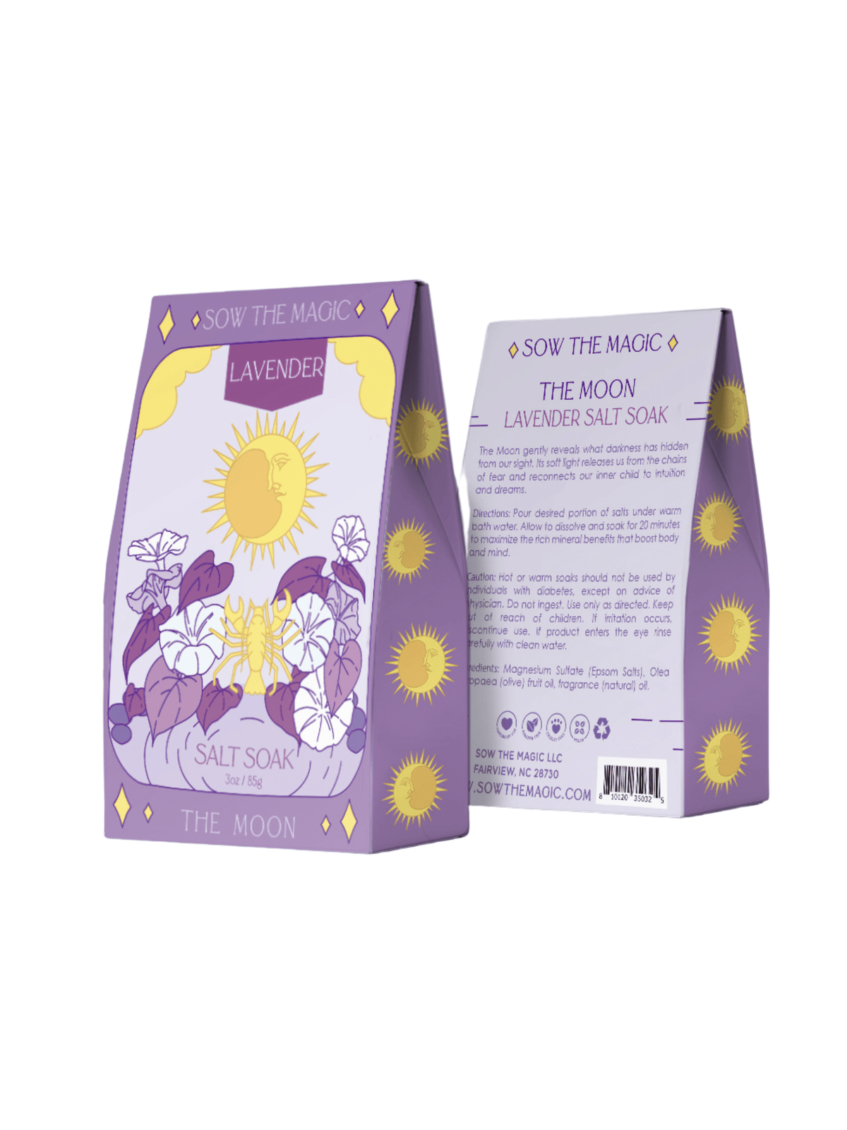 Two purple packages of Sow the Magic’s The Moon Salt Soak in Lavender, ideal for moon bath rituals to enhance intuition and dreams. Front features sun, moon, and plant art; back lists mineral benefits and instructions in purple.