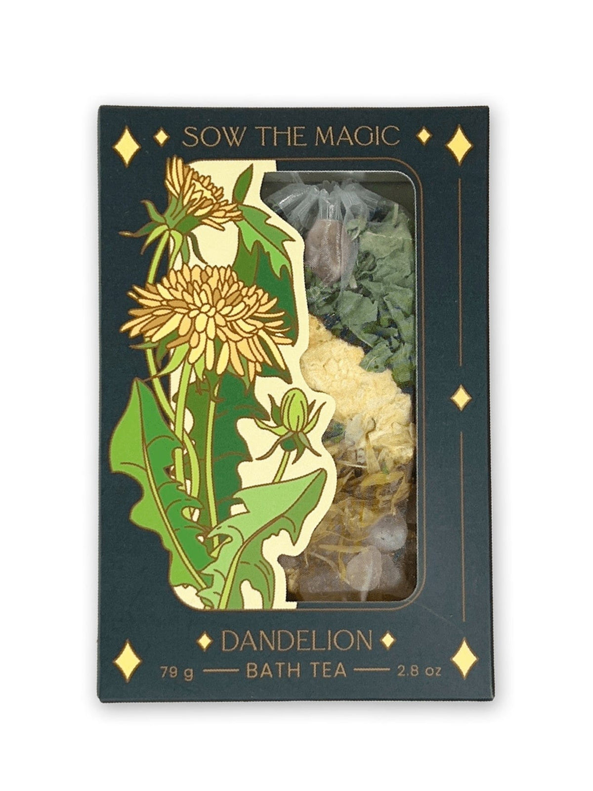 The Sow the Magic Dandelion Tarot Botanical Bath Tea Box features a gold and green dandelion design and windowed packaging showing visible loose ingredients. Enjoy a detoxifying soak with 79g (2.8 oz) of bath tea.