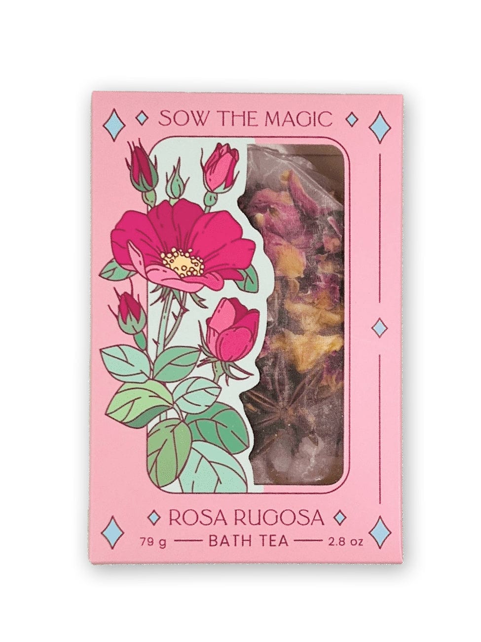 The Sow the Magic Rosa Rugosa Tarot Botanical Bath Tea Box is a pink rectangular package featuring pink rose illustrations and a clear window showing rose petals inside, weighing 79g / 2.8 oz—ideal for enhancing your self-care ritual.