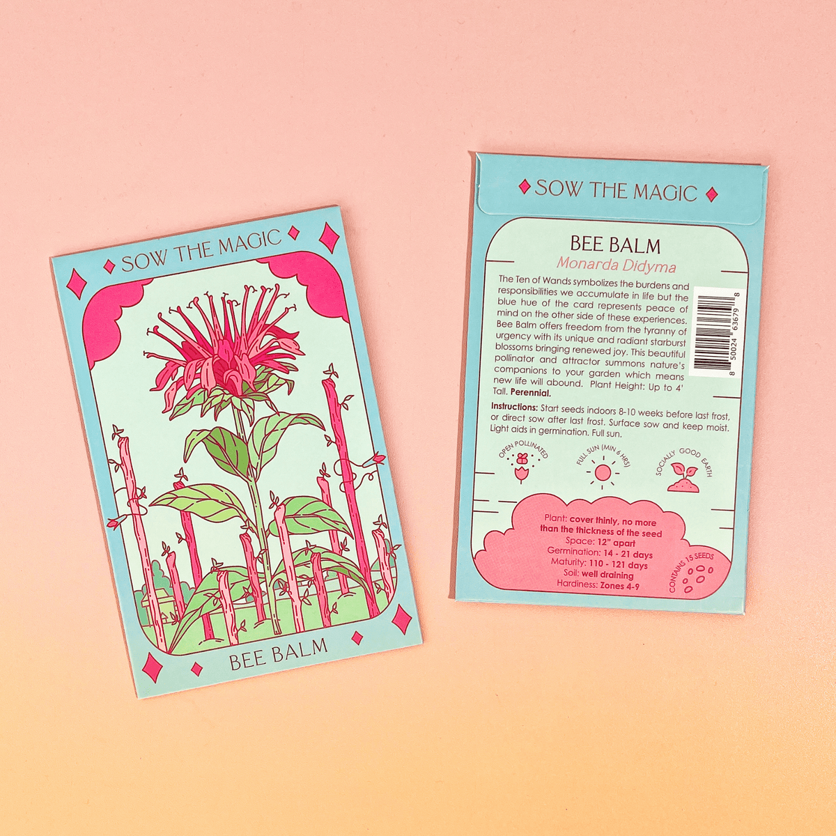 The Sow the Magic Bee Balm Tarot Garden Seed Packet features a vibrant Bee Balm illustration on the front and planting instructions with Monarda didyma info in black text on a turquoise back, all set against a pink and peach background.
