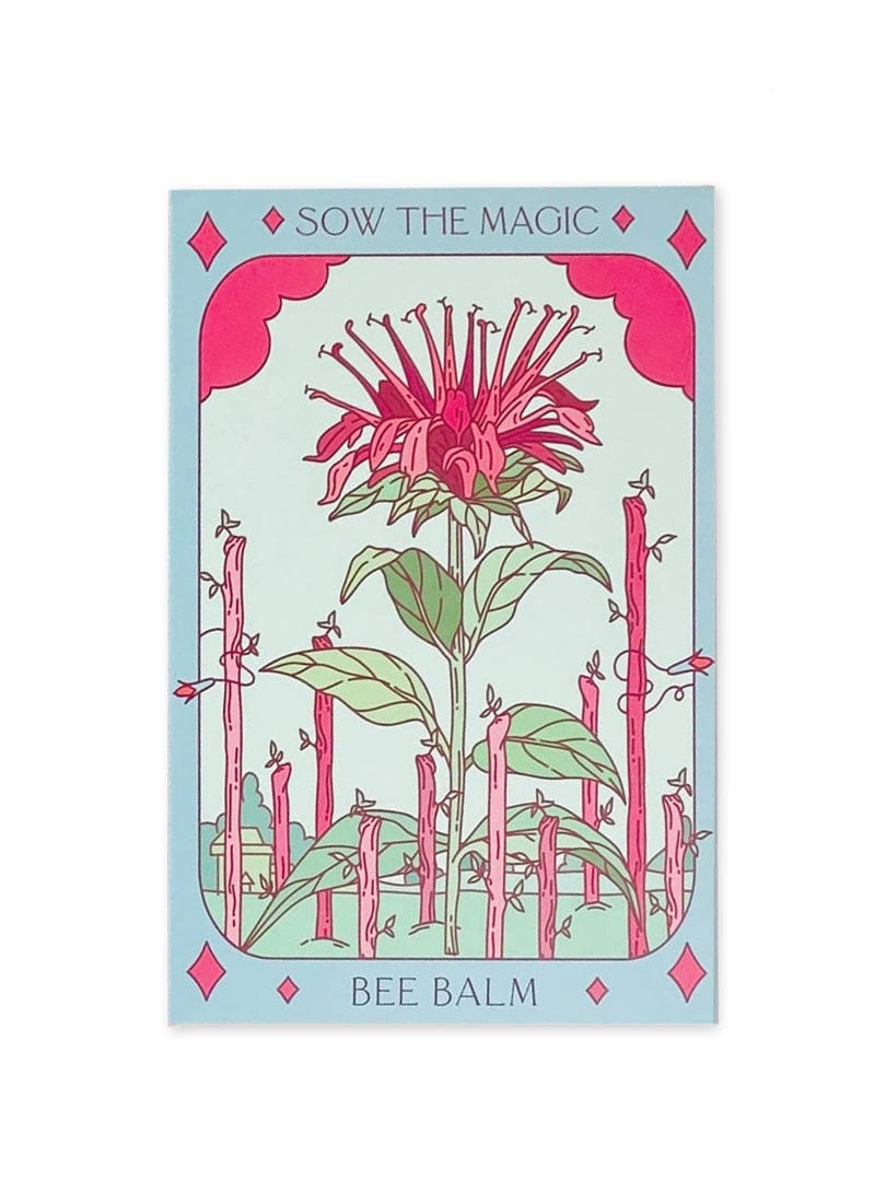 The Bee Balm Tarot Garden Seed Packet by Sow the Magic showcases a pink Monarda didyma flower with green leaves, bordered by diamond shapes. Artistic stems and the Sow the Magic logo highlight this pollinator-friendly design.