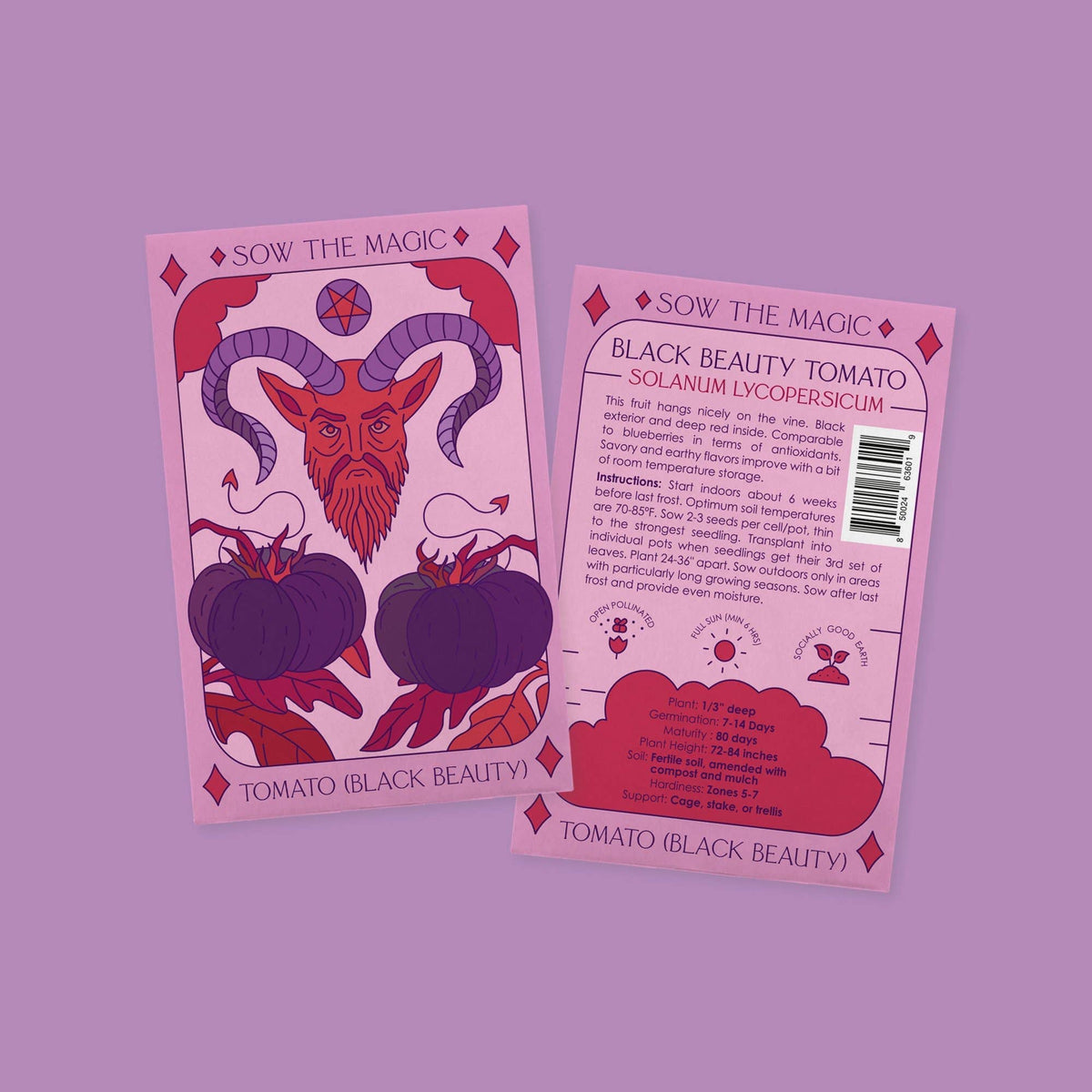 Two illustrated seed packets of Sow the Magic’s Black Beauty Tomato Tarot Garden Seed Packet are shown on purple. The front has a red goat-like figure with tomatoes; the back lists instructions, plant details, and antioxidant info in geometric borders.