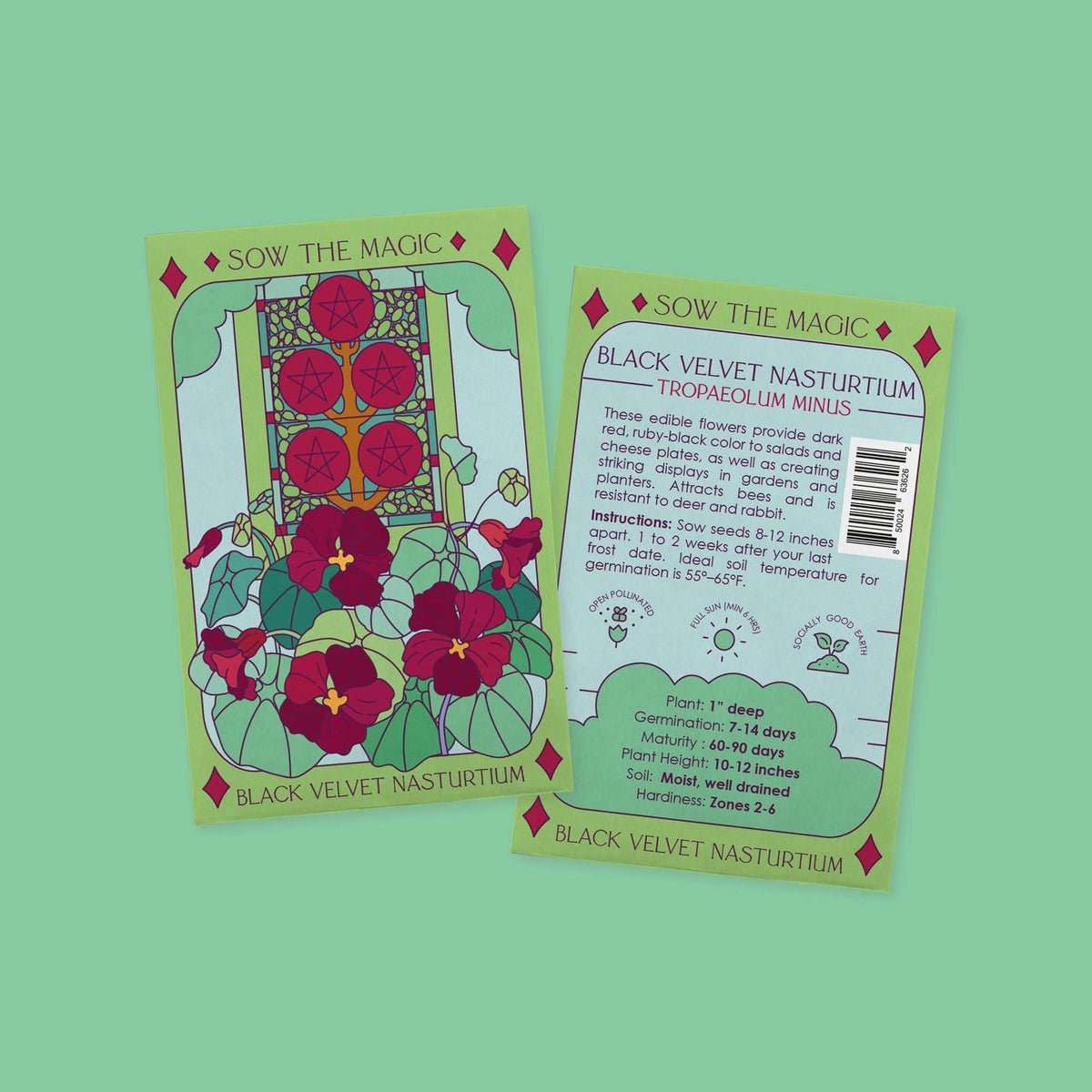 Two packets of Sow the Magic Black Velvet Nasturtium Tarot Garden Seed feature dark red edible flowers with yellow centers on a green background. One packet showcases organic seeds, planting tips, and flower information.