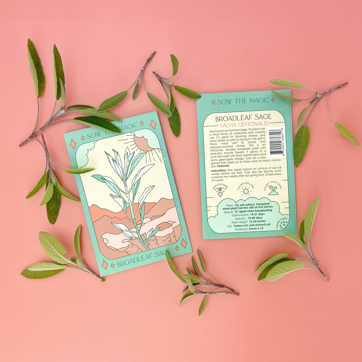 Two Sow the Magic Broadleaf Sage Tarot Garden Seed Packets with green borders on a pink background, surrounded by sage leaves. One features artistic sage art; the other displays planting instructions and a barcode.