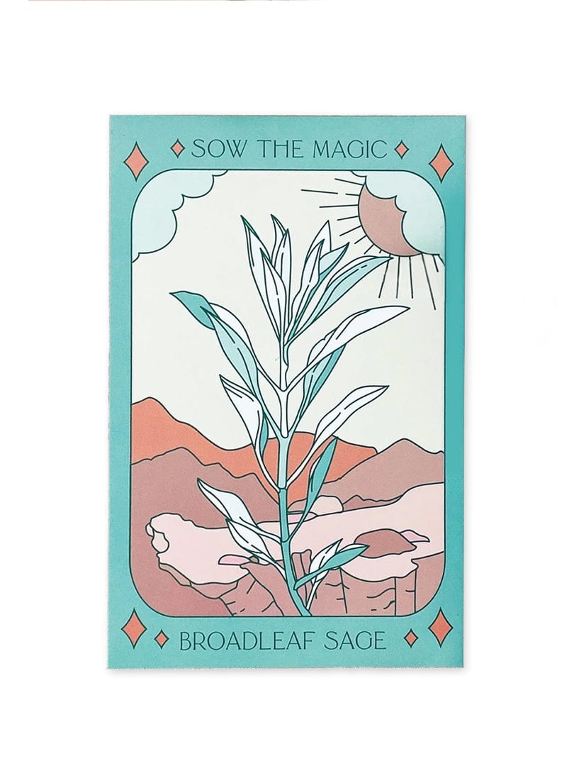 The Sow the Magic Broadleaf Sage Tarot Garden Seed Packet features Salvia Officinalis art with pastel mountains, clouds, and sun—ideal for culinary dishes or adding beauty to your garden.