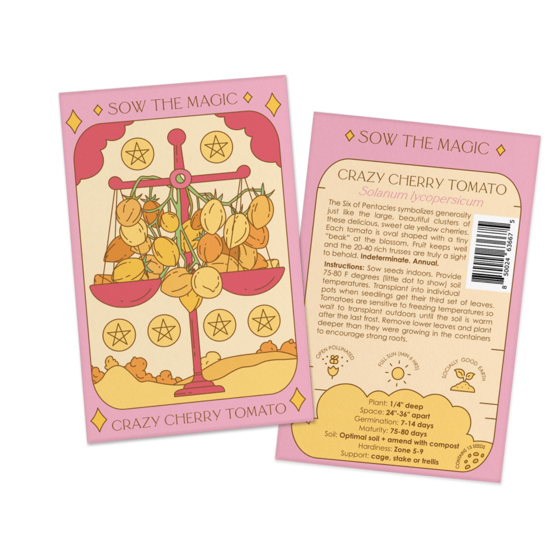 Two Sow the Magic Crazy Cherry Tomato Tarot Garden Seed Packets are shown—one with an illustrated scale full of yellow cherry tomatoes, the other displaying planting instructions and a description.