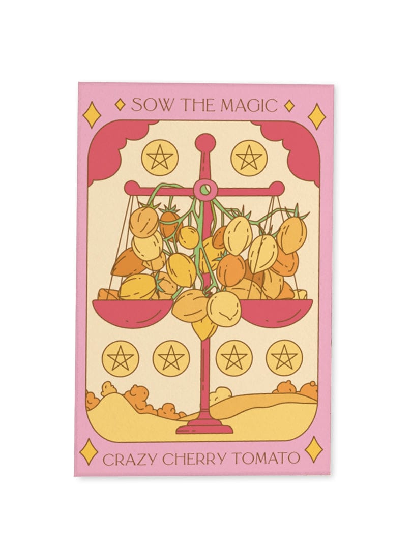 Tarot-style card from Sow the Magic features a pink scale with yellow cherry tomatoes—Crazy Cherry Tomato seeds. Sow the Magic appears at the top and Crazy Cherry Tomato at the bottom, with star motifs in the background.