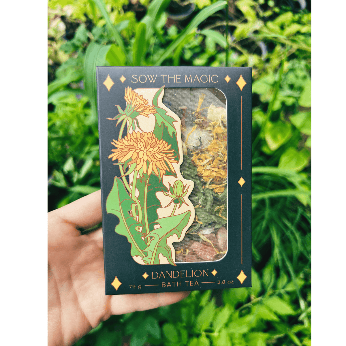 A hand holds the Sow the Magic Dandelion Tarot Botanical Bath Tea Box, featuring detoxifying dandelion bath tea, illustrated dandelion flowers, a clear window showing dried herbs, and green foliage in the background.