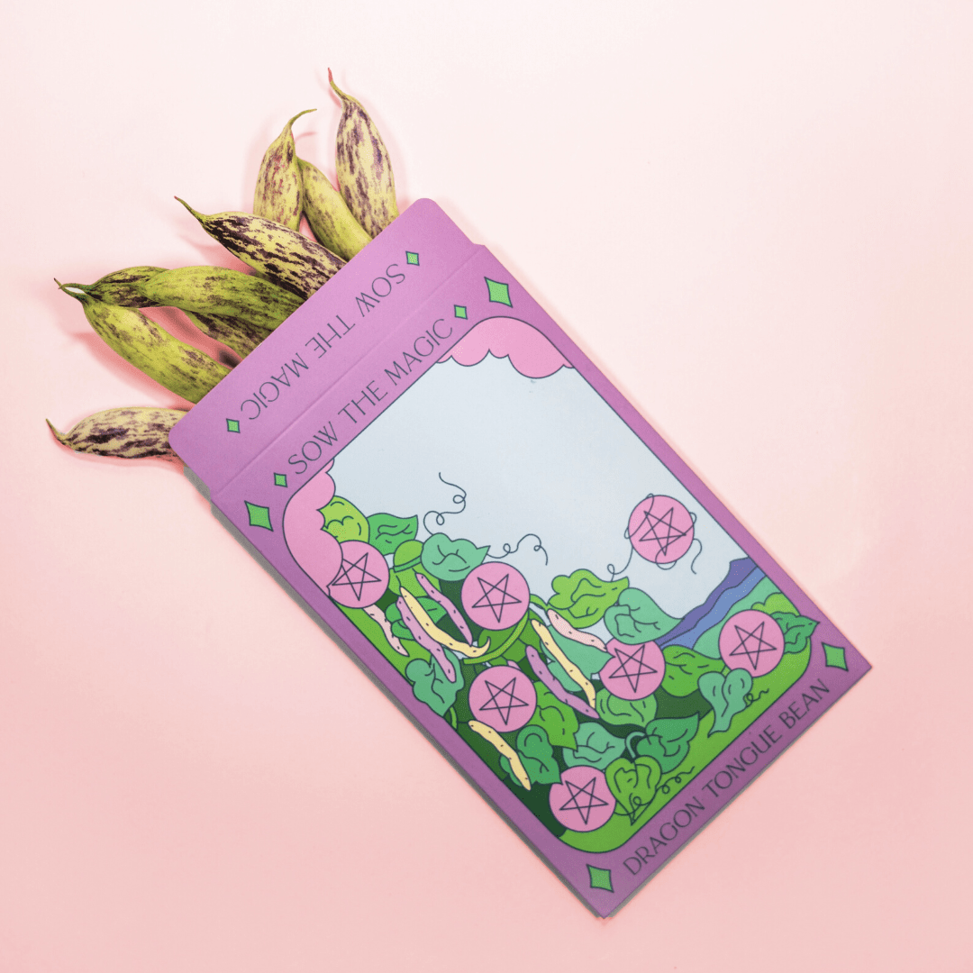 The Dragon Tongue Bush Bean Tarot Garden Seed Packet by Sow the Magic features heirloom seeds, bean plant illustrations, pentagram motifs inspired by the Seven of Pentacles, and sits on a light pink background.