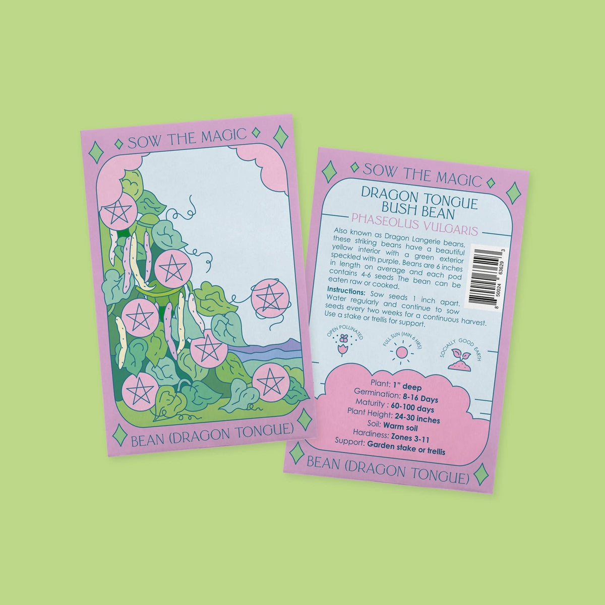 Sow the Magic’s Dragon Tongue Bush Bean Tarot Garden Seed Packet features purple and green Seven of Pentacles-inspired art, with planting instructions and barcode on the light green back.