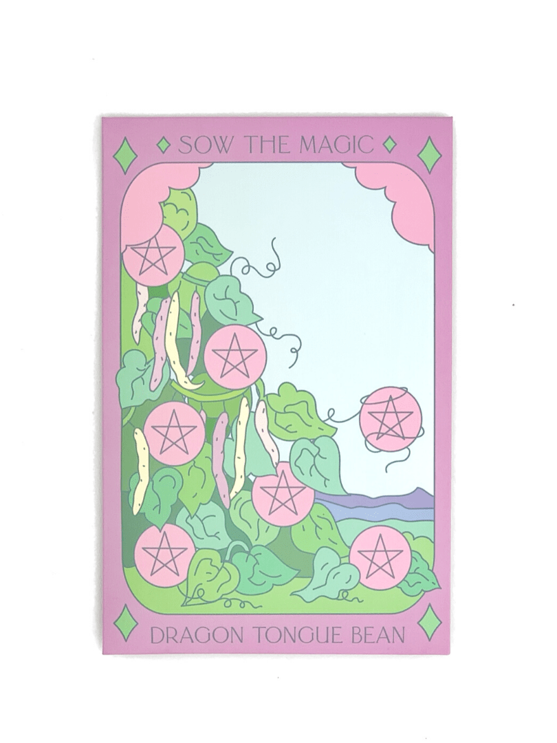 The Dragon Tongue Bush Bean Tarot Garden Seed Packet by Sow the Magic features art inspired by the Seven of Pentacles, with vines, beans, leaves, and pentagrams on a light background and a pink-bordered card.