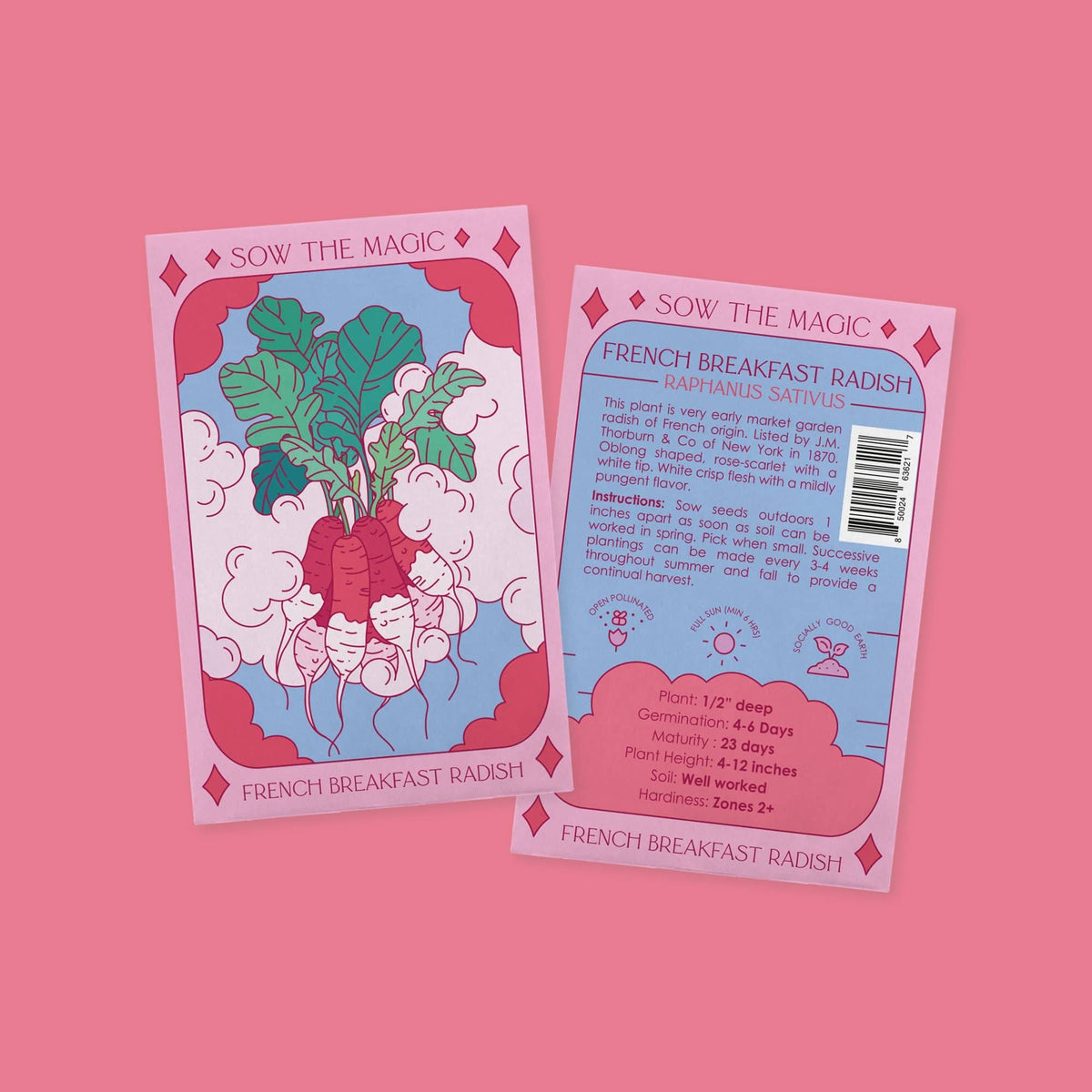 Two illustrated pink Sow the Magic French Breakfast Radish Tarot Garden Seed Packets feature radish drawings, green leaves, detailed planting instructions, a pink background, and highlight Non-GMO seeds on the packaging.