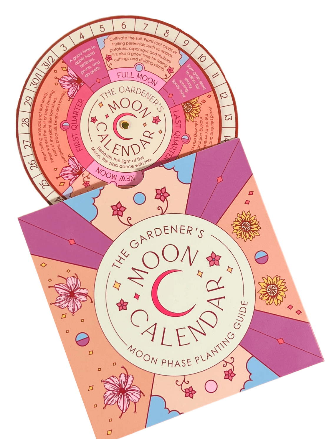 Sow the Magics Moon Phase Calendar Spinner Planting Guide features a rotating wheel showing moon phases and planting tips for organic gardening, with a vibrant floral design and the product title on the front cover.