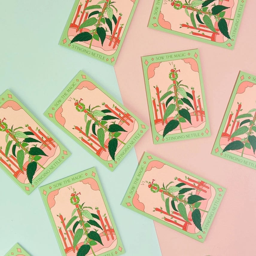 Sow the Magic’s Stinging Nettle Tarot Garden Seed Packet features green leaves and red stems on the front, displayed against a pink and mint-green background.