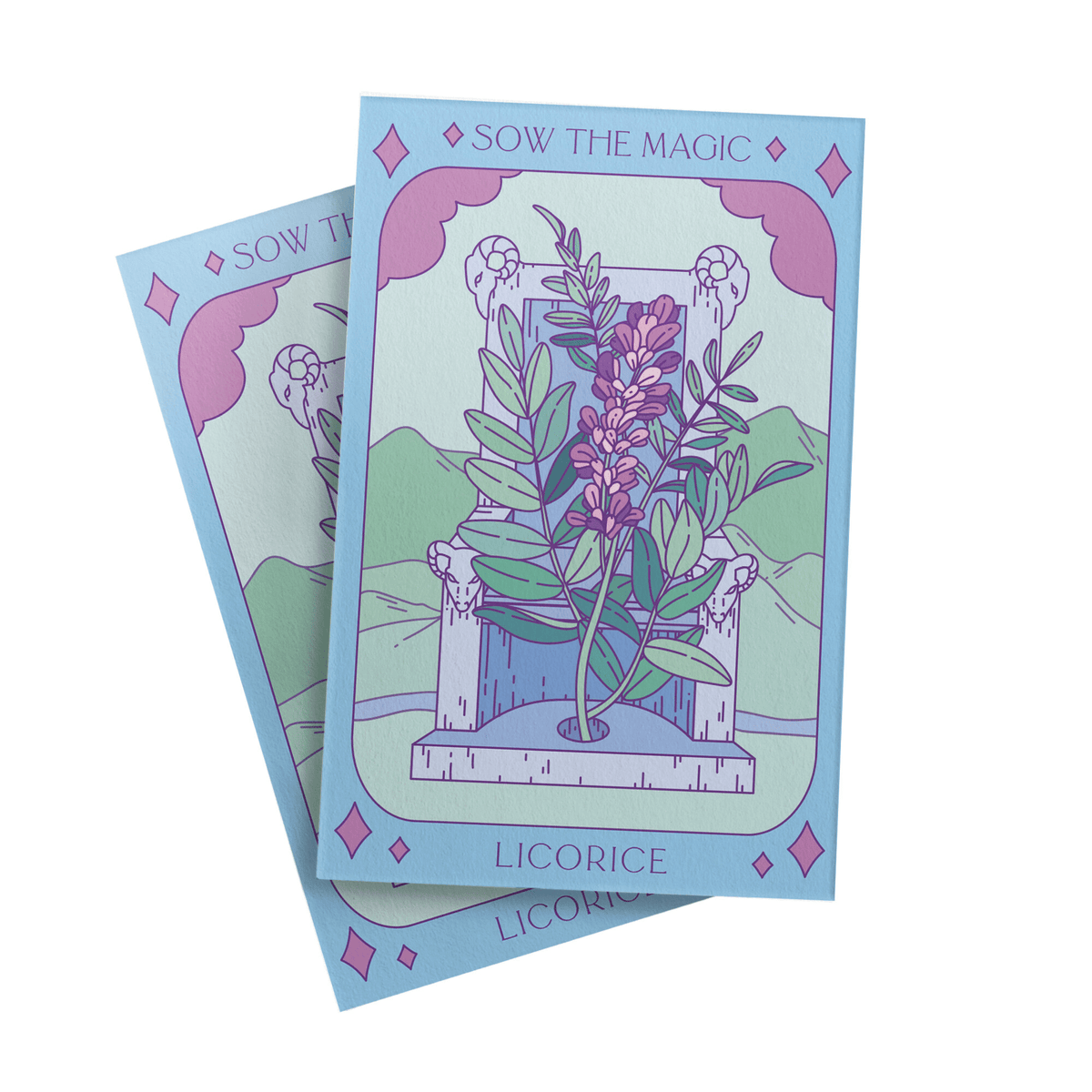 Two illustrated cards, the Licorice Tarot Garden Seed Packet by Sow the Magic, feature blooming Glycyrrhiza glabra before a stone monument and pastel mountains, all framed by decorative pink shapes.