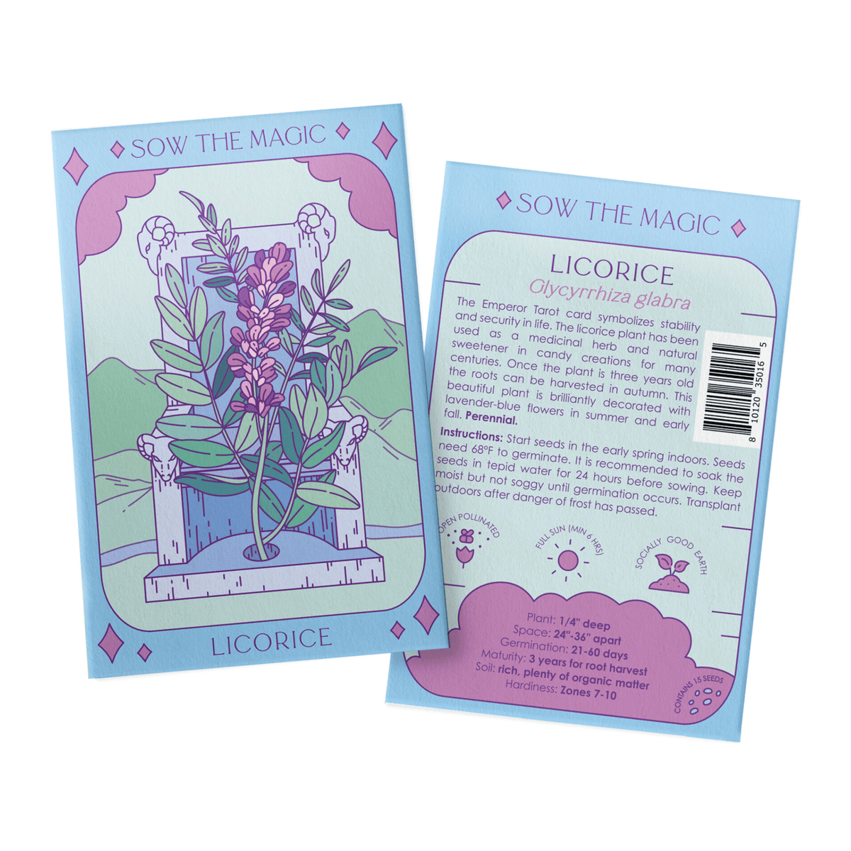 Two illustrated Licorice Tarot Garden Seed Packets by Sow the Magic are shown. The front shows stylized Glycyrrhiza glabra artwork with brand and product names, while the back includes growing instructions and plant info.