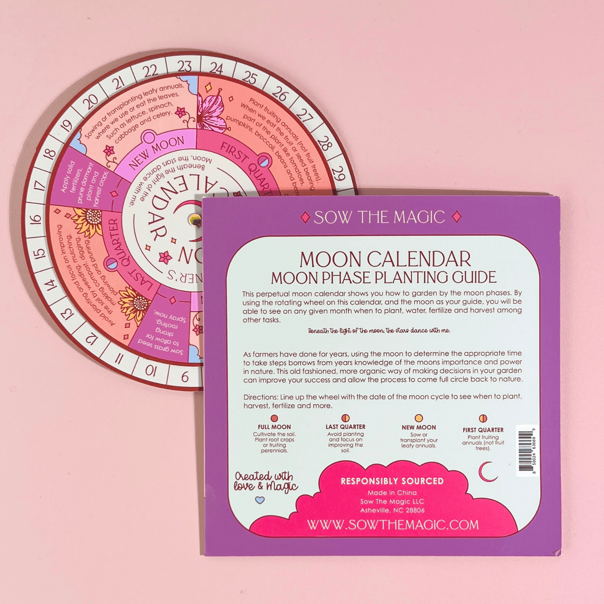 The Sow the Magic Moon Phase Calendar Spinner Planting Guide includes a circular calendar and square planting guide in purple and pink, offering organic gardening tips, lunar cycles, months, and website info for moon phase planting.