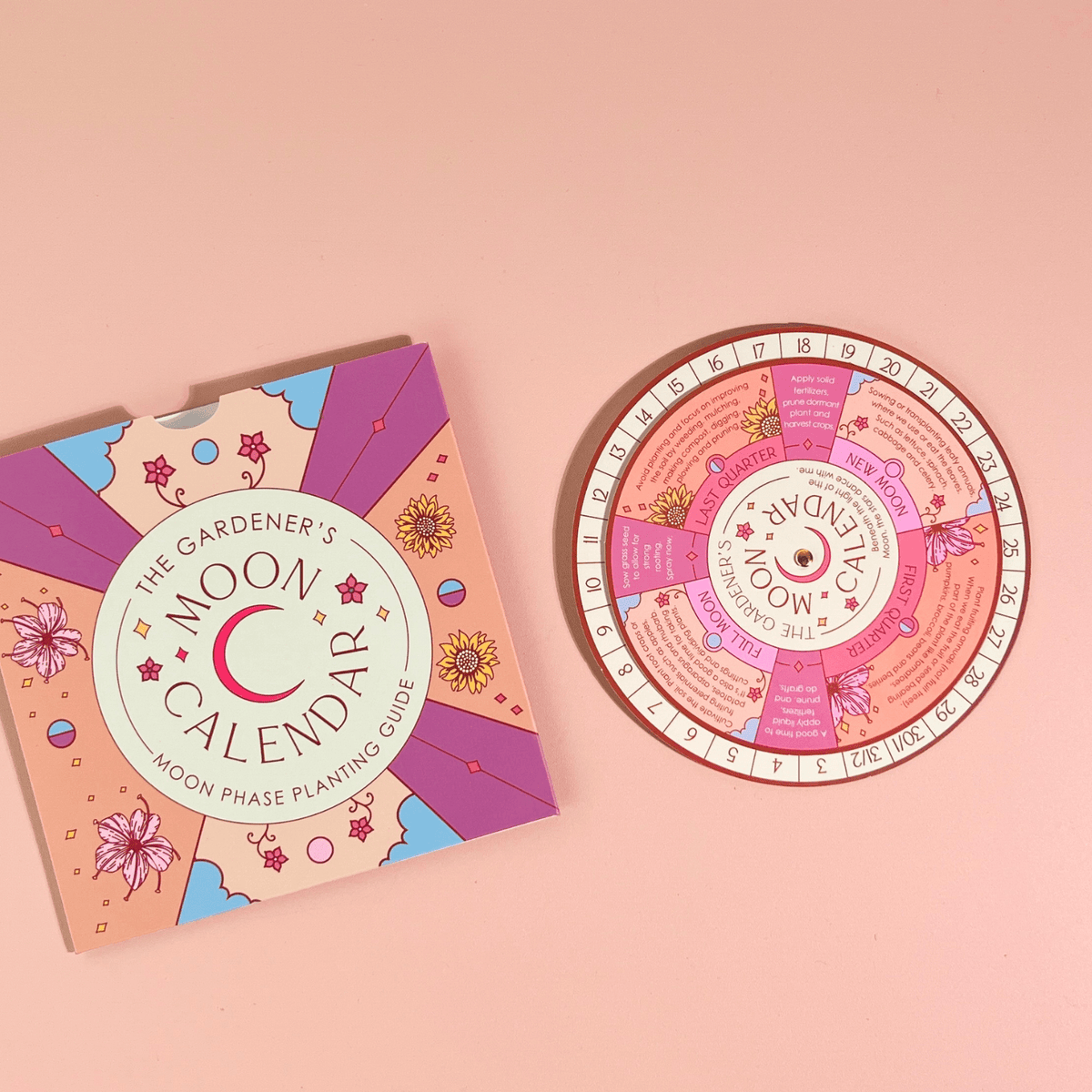 The Moon Phase Calendar Spinner Planting Guide by Sow the Magic is a colorful circular calendar with a matching square sleeve, featuring illustrated plants and moon phases—perfect for gardening by the lunar cycle.