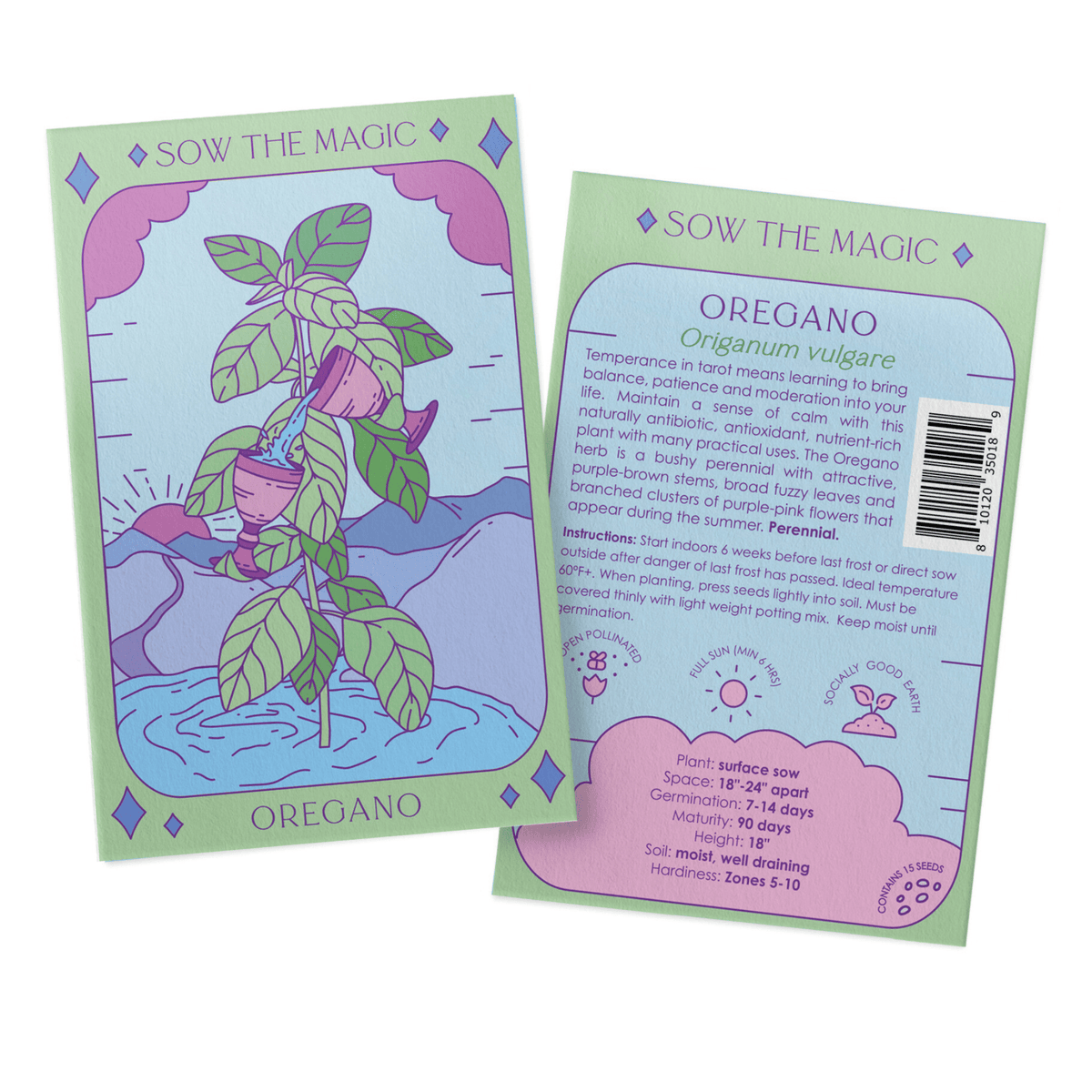 Two pastel Oregano Tarot Garden Seed Packets from Sow the Magic are shown: one with a whimsical illustrated oregano plant and purple flowers, the other with planting instructions and perennial details for this flavorful herb.