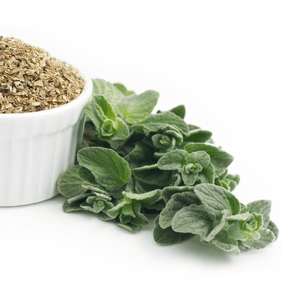 A packet of Sow the Magics Oregano Tarot Garden Seeds sits beside fresh oregano sprigs on a white surface, showcasing the versatile perennials potential for home gardens.