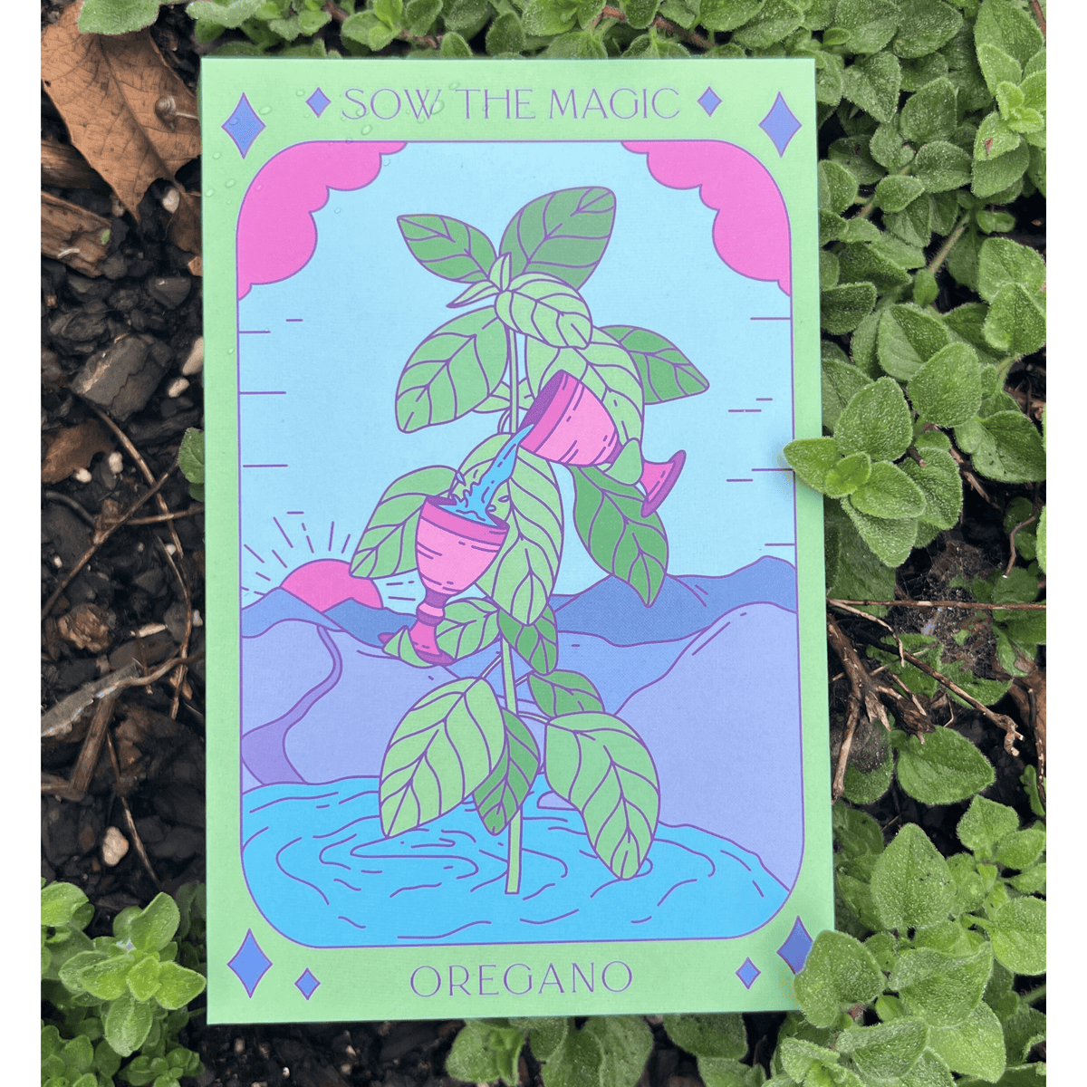 The Oregano Tarot Garden Seed Packet by Sow the Magic features colorful art of a green perennial oregano plant being watered, set against a pastel mountain and river scene, and is photographed on fresh oregano leaves.